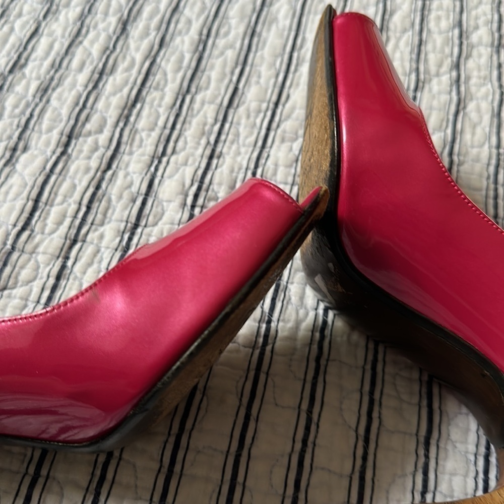 😊Stuart Weitzman Womens Metallic Pink Patent Leather Open Toe Pumps size… - Picture 8 of 16